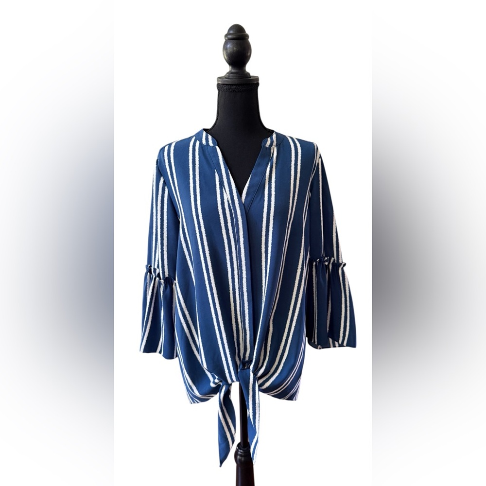Alfani: Blue and White Bohemian Striped Blouse with Ruffled Bell Sleeves